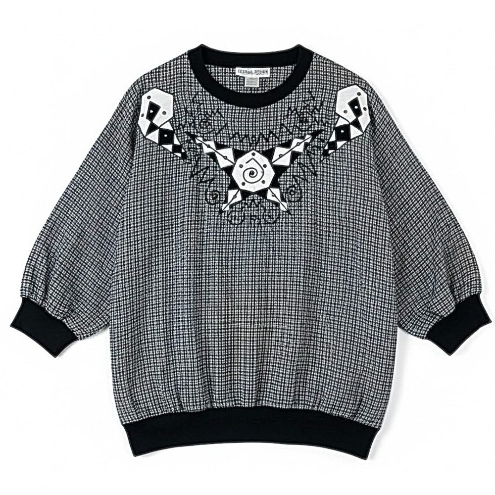4/$20 Vintage Donna Toran Check Top Black White Embellished Dolman Sleeve Blouse - Picture 3 of 7